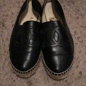 Chanel Black Leather Espadrilles.